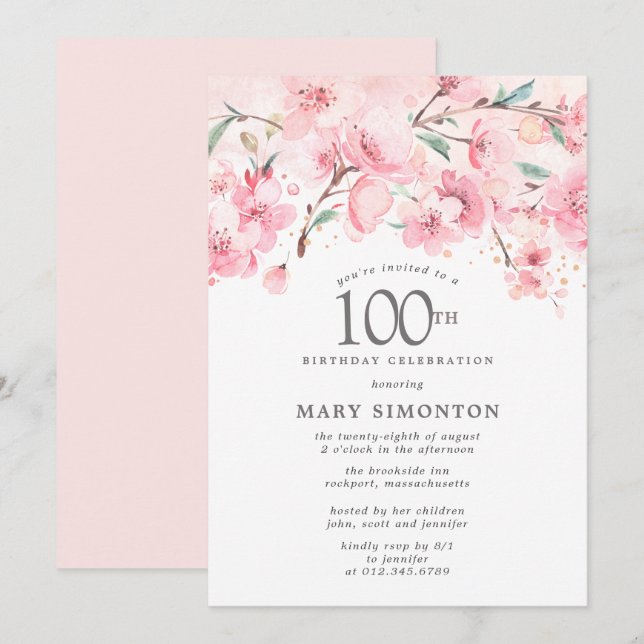 Invitación Floral de cerezo rosa de Rubor 100 cumpleaños en (Anverso / Reverso)