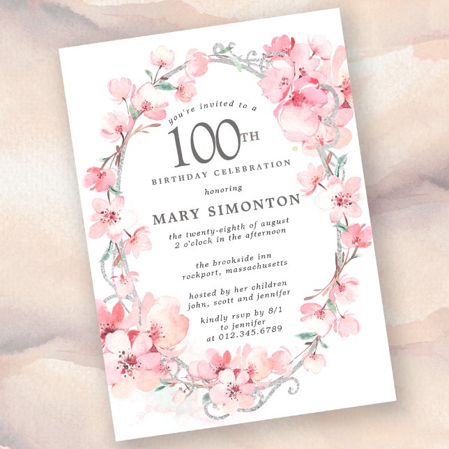 Invitación Floral de cerezo rosa Rubor 100 cumpleaños (Subido por el creador)