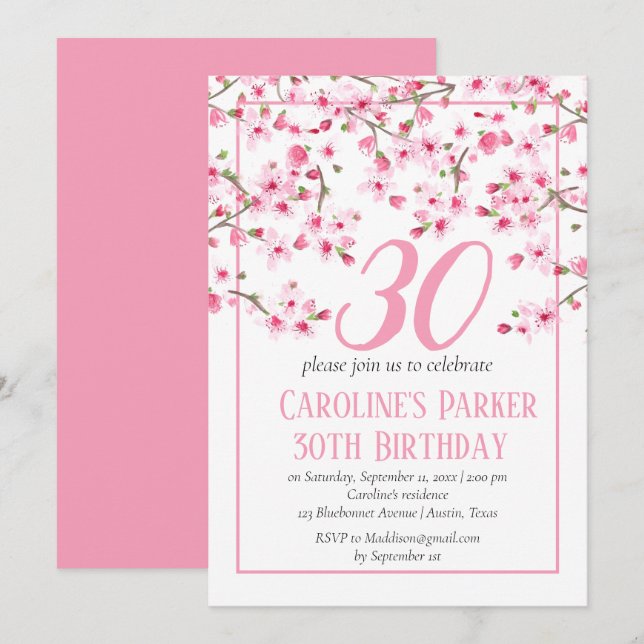 Invitación Floral de cerezo rosa Rubor 30 cumpleaños (Anverso / Reverso)