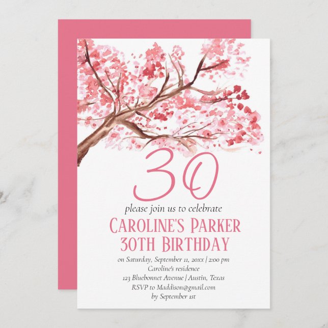 Invitación Floral de cerezo rosa Rubor 30 cumpleaños (Anverso / Reverso)