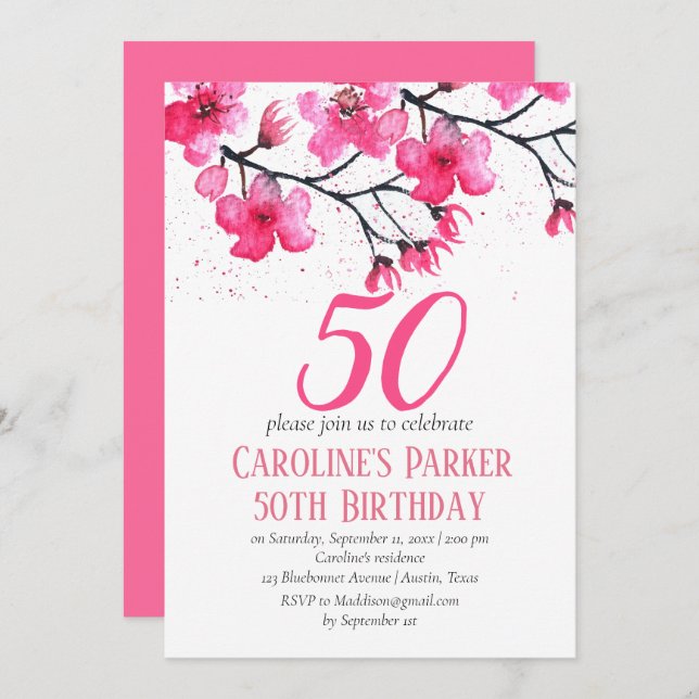 Invitación Floral de cerezo rosa Rubor 50 cumpleaños (Anverso / Reverso)