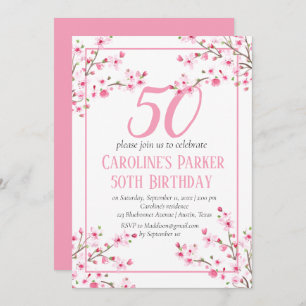 Invitación Floral de cerezo rosa Rubor 50 cumpleaños