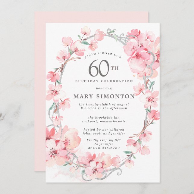 Invitación Floral de cerezo rosa Rubor 60 cumpleaños (Anverso / Reverso)