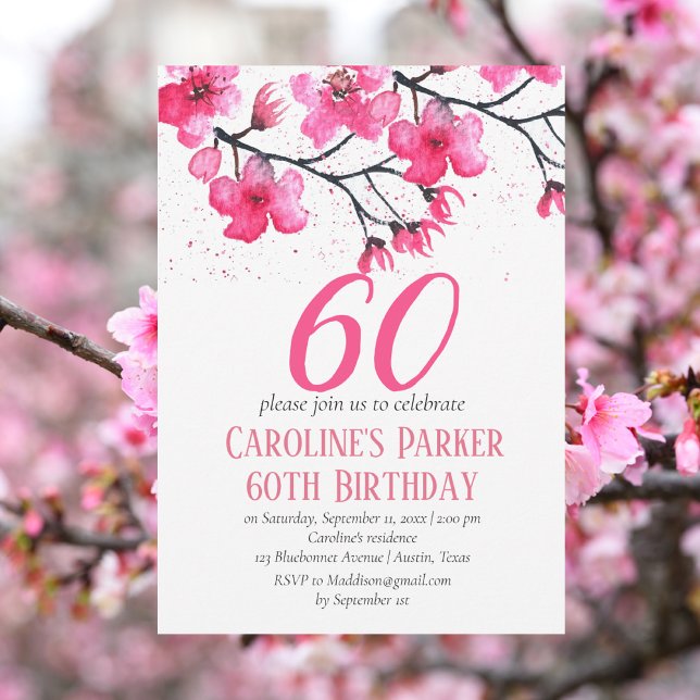 Invitación Floral de cerezo rosa Rubor 60th Birthday (Subido por el creador)