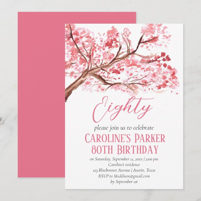 Invitación Floral de cerezo rosa Rubor 80th Birthday (Anverso / Reverso)
