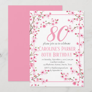 Invitación Floral de cerezo rosa Rubor 80th Birthday