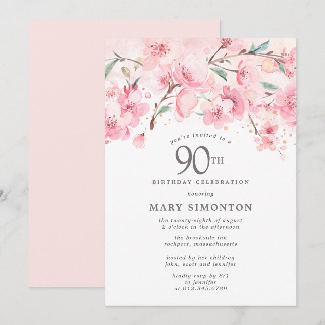 Invitación Floral de cerezo rosa Rubor 90 cumpleaños (Anverso / Reverso)