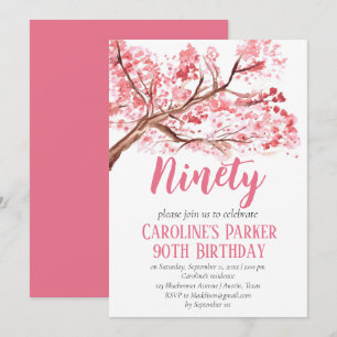 Invitación Floral de cerezo rosa Rubor 90th Birthday