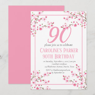 Invitación Floral de cerezo rosa Rubor 90th Birthday