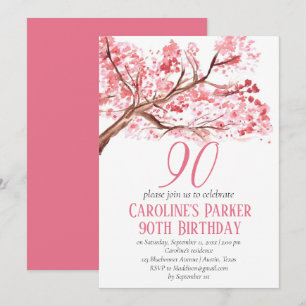 Invitación Floral de cerezo rosa Rubor 90th Birthday