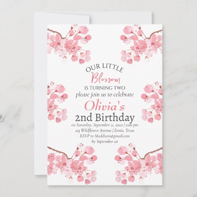 Invitación Floral de cerezo rosado segundo cumpleaños (Anverso)