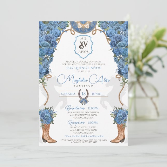Invitación Floral de cielo azul claro Charro Occidental Quinc (Anverso de pie)