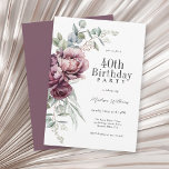 Invitación Floral de ciruela de boho ruidoso 40 cumpleaños<br><div class="desc">Una bella y elegante invitación a la fiesta de cumpleaños número 40 que capta la esencia de la elegancia rústica con su arcos ramo de peonías y rosas en la armonización del burdeos profundo, el ciruela y el rosa polvoriento con la vegetación del eucalipto. Los elementos botánicos femeninos rebosan de...</div>