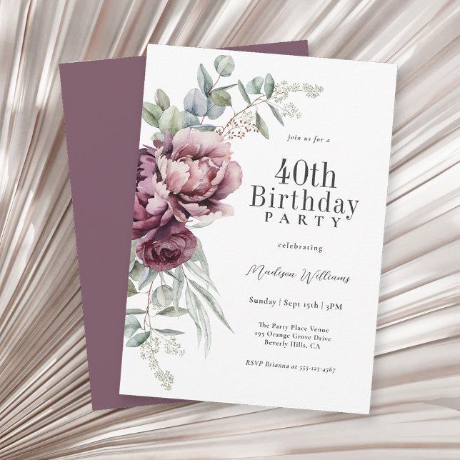 Invitación Floral de ciruela de boho ruidoso 40 cumpleaños (Available as printed and paperless digital download!)