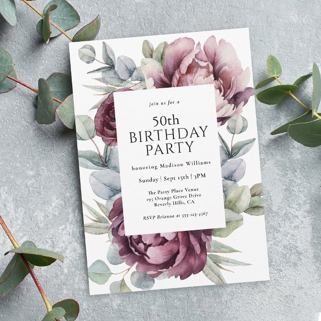 Invitación Floral de ciruela de boho ruidoso 50 cumpleaños (Available as printed invitations or paperless digital download!)