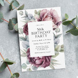Invitación Floral de ciruela de boho ruidoso 50 cumpleaños<br><div class="desc">Un diseño de invitación de fiesta de cumpleaños 50 boho ultra-femenino que capta la esencia de la elegancia rústica con su abundante exhibición de peonías y rosas en la armonización del burdeos, ciruela y rosa polvoriento profundo con la vegetación de eucalipto a rayas. Los elementos botánicos femeninos brotan con estilo...</div>