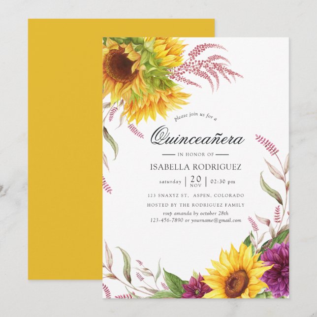 Invitación Floral de ciruela de sol y borgoña Quinceañera (Anverso / Reverso)
