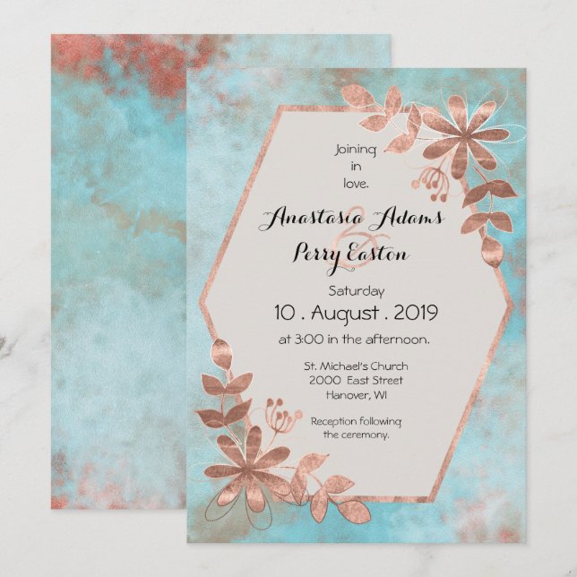 Invitación Floral de cobre sobre Boda de acuarela Verde azula (Anverso / Reverso)