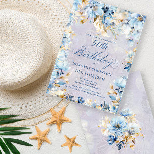 Invitación Floral de color azul blanco azul brillante 50 cump