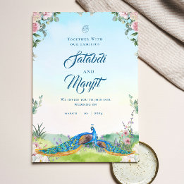Invitación Floral de color azul Boda de pavo real indio