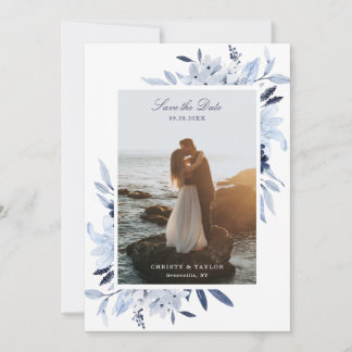 Invitación Floral de color azul de la marina moderna salva la