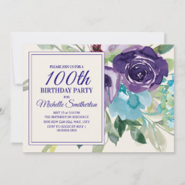 Invitación Floral de color azul púrpura 100 cumpleaños