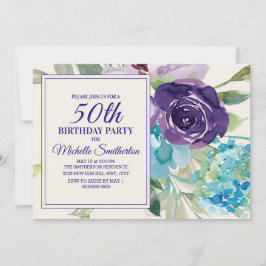 Invitación Floral de color azul púrpura 50 cumpleaños