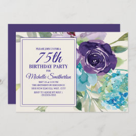 Invitación Floral de color azul púrpura 75º cumpleaños