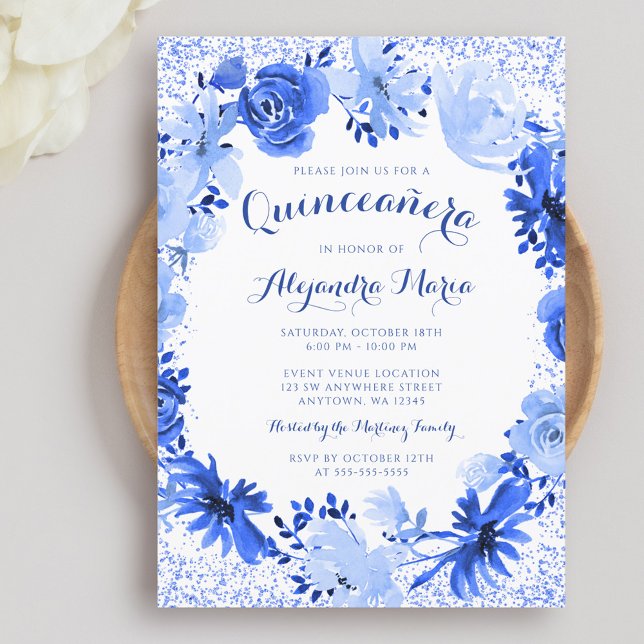 Invitación Floral de color azul real Quinceanera (Subido por el creador)