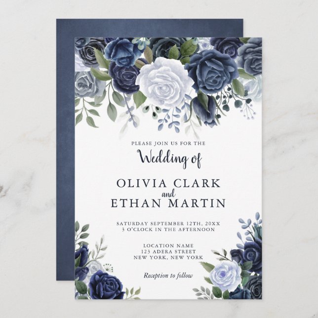 Invitación Floral de color azul turbio (Anverso / Reverso)