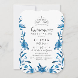 Invitación Floral de color azul y blanco Quinceanera