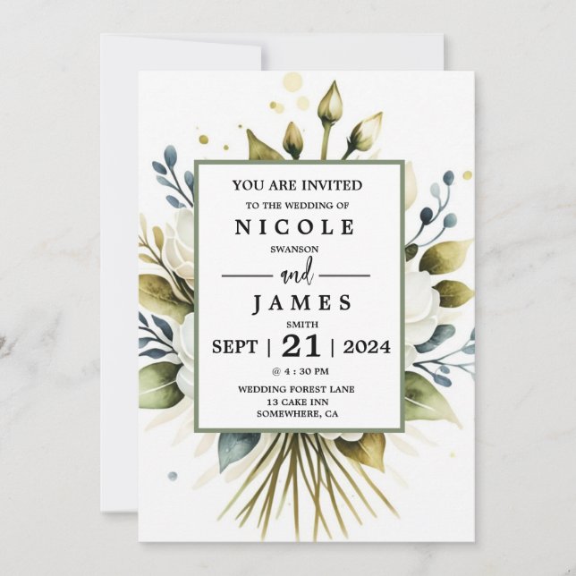 Invitación Floral de color blanco elegante (Anverso)