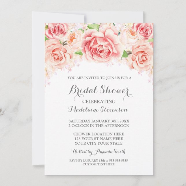 Invitación Floral de color blanco Rubor ducha de novia rosa