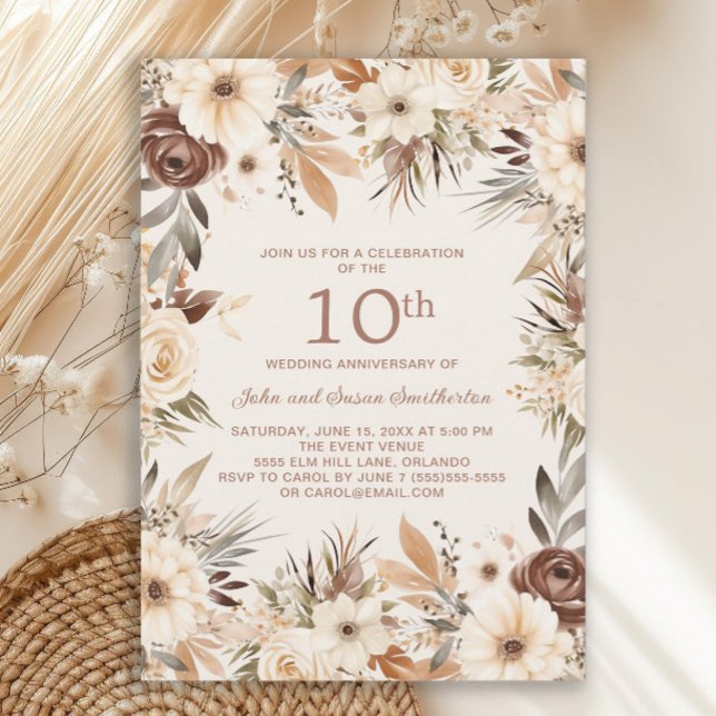 Invitación Floral de color crema marrón 10 años (Rustic cream and brown boho-style watercolor floral 10th wedding anniversary invitation)