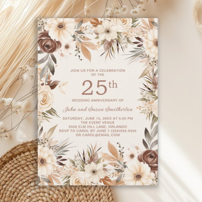 Invitación Floral de color crema marrón 25 años (Brown and tan watercolor floral boho-style 25th wedding anniversary invitation)