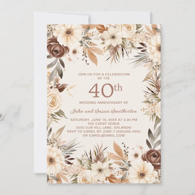 Invitación Floral de color crema marrón 40º aniversario (Anverso)