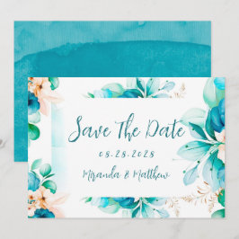 Invitación Floral de color de agua azul verde azulado Guardar