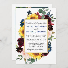 Invitación Floral de color de agua Boda de oro azul foto
