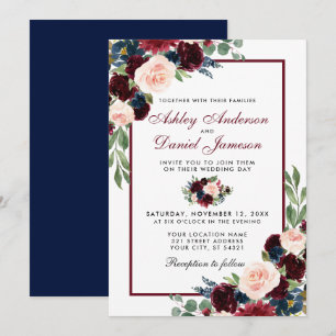 Invitación Floral de color de agua Borgoña Azul Elegante Boda