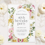 Invitación Floral de color de agua brillante 40.º Fiesta de c<br><div class="desc">Una bella invitación a la fiesta de cumpleaños femenina con un elegante marco floral acuático de color amarillo, rosa, blanco y verde hacen de esta invitación un lugar con encanto elegante. Los emparejamientos de caras de moda incluyen un título de moda en letra funda inferior, emparejado con sans serif modernos....</div>