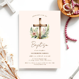 Invitación Floral de color de agua cruzada de madera | Baptis