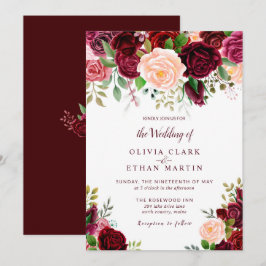 Invitación Floral de color de agua de Borgoña