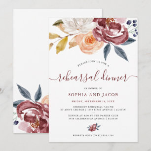 Invitación Floral de color de agua de Borgoña   Cena de ensay