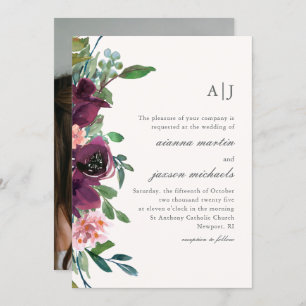 Invitación Floral de color de agua de ciruela de moda en Boda