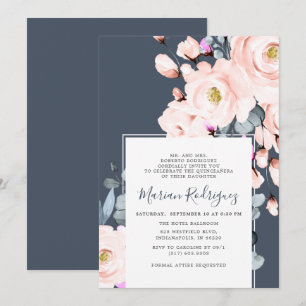Invitación Floral de color de agua de Rubor y marina única Qu