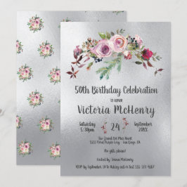 Invitación Floral de color de agua plateada Rosa de cumpleaño