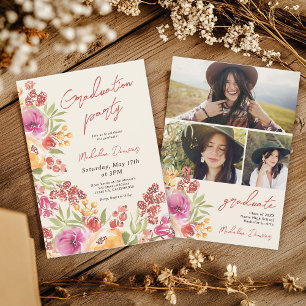 Invitación Floral de color de agua Retro Boho 3 fotos Graduac
