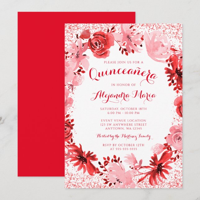 Invitación Floral de color de agua rojo Quinceanera (Anverso / Reverso)