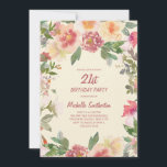 Invitación Floral de color de agua rosa 21º cumpleaños<br><div class="desc">Elegante color rosa rosa y melocotón,  floral,  invitación a la fiesta de cumpleaños número 21 de las mujeres con hojas verdes. El texto es completamente personalizable,  por lo que esta tarjeta se puede cambiar por cualquier edad.</div>