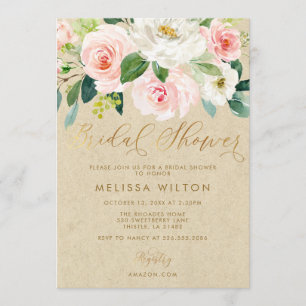 Invitación Floral de color de agua rosa Rubor Kraft Bridal Sh
